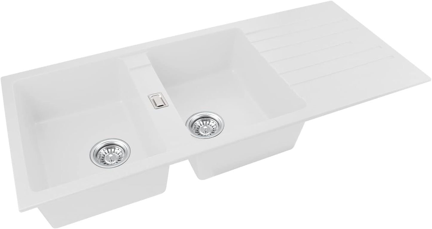 Kitchen Sink Stone Sink 1160x500mm Granite Stone Sink Double Bowel Sink with Drainboard 90mm Strainer Waste Kitchen Laundry Bar Basin Sink(Cream White)
