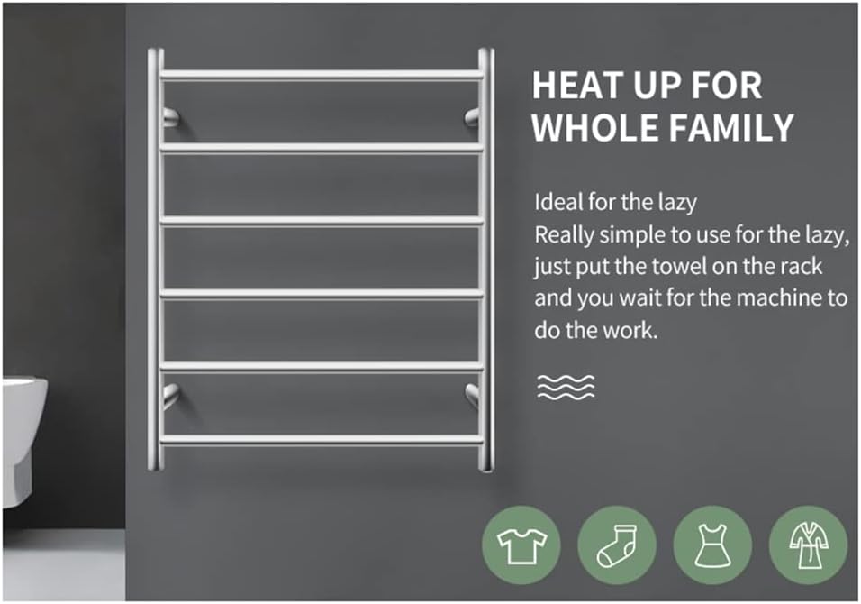 Bathroom Heated Towel Rail 6 Bars Round Stainless Steel Electric Heated Towel Energy-Saving Heated Towel Rack Holder Wall Mounted 70W SAA Certificate (Chrome)