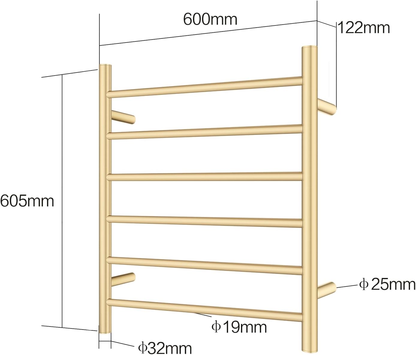 ACA International Wall Mounted Electric Heated Towel Rack SAA Towel Warmer Aluminium Heated Towel Rail Bathroom Towel Clothes Dryer Holder IP55 6 Rungs Round (Gold)
