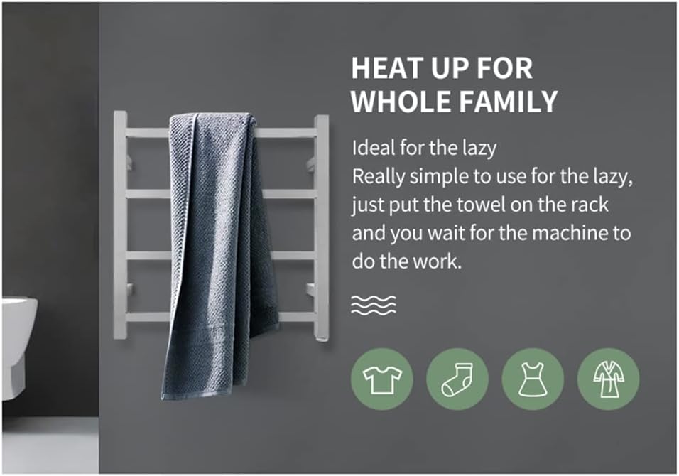 ACA Trading SAA Bathroom Heated Towel Rack,4 Rungs Square Electric Heated Towel Rail,Wall Mounted Towel Warmer Dryer,Stainless Steel Clothes Towel Drying Heater,Waterproof IP55 &SAA Apporved(Silver)