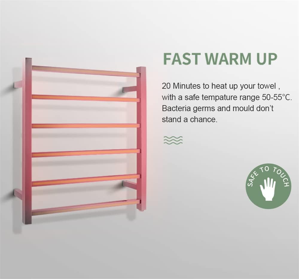 SAA Heated Towel Rack Wall Mounted Electric Towel Warmer Stainless Steel Heated Towel Rail Bathroom Towel Clothes Dryer Holder Waterproof Switch IP55 6 Rungs Square (Chrome)