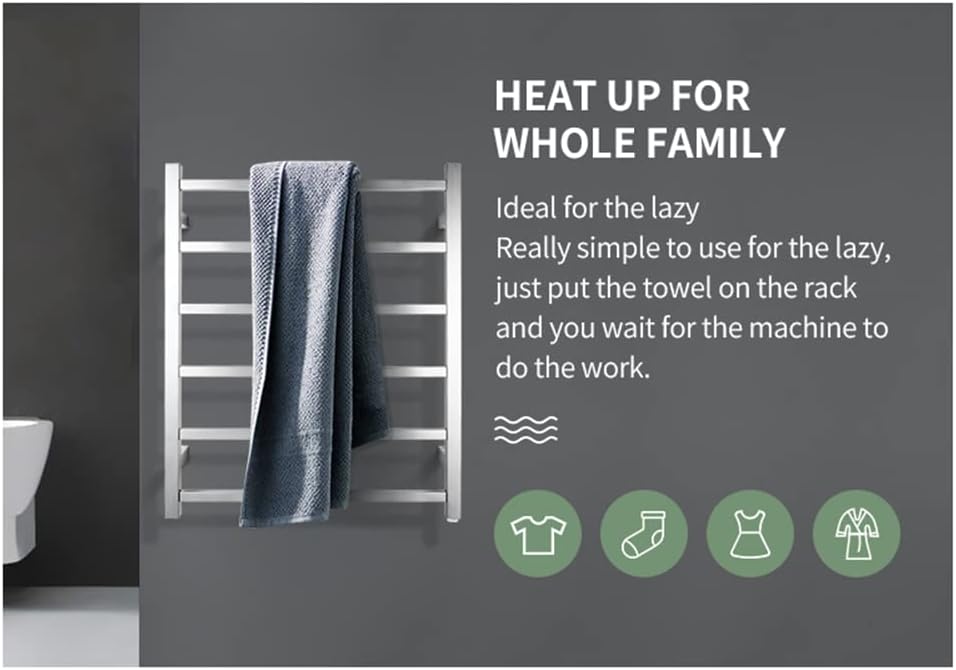 SAA Heated Towel Rack Wall Mounted Electric Towel Warmer Stainless Steel Heated Towel Rail Bathroom Towel Clothes Dryer Holder Waterproof Switch IP55 6 Rungs Square (Chrome)