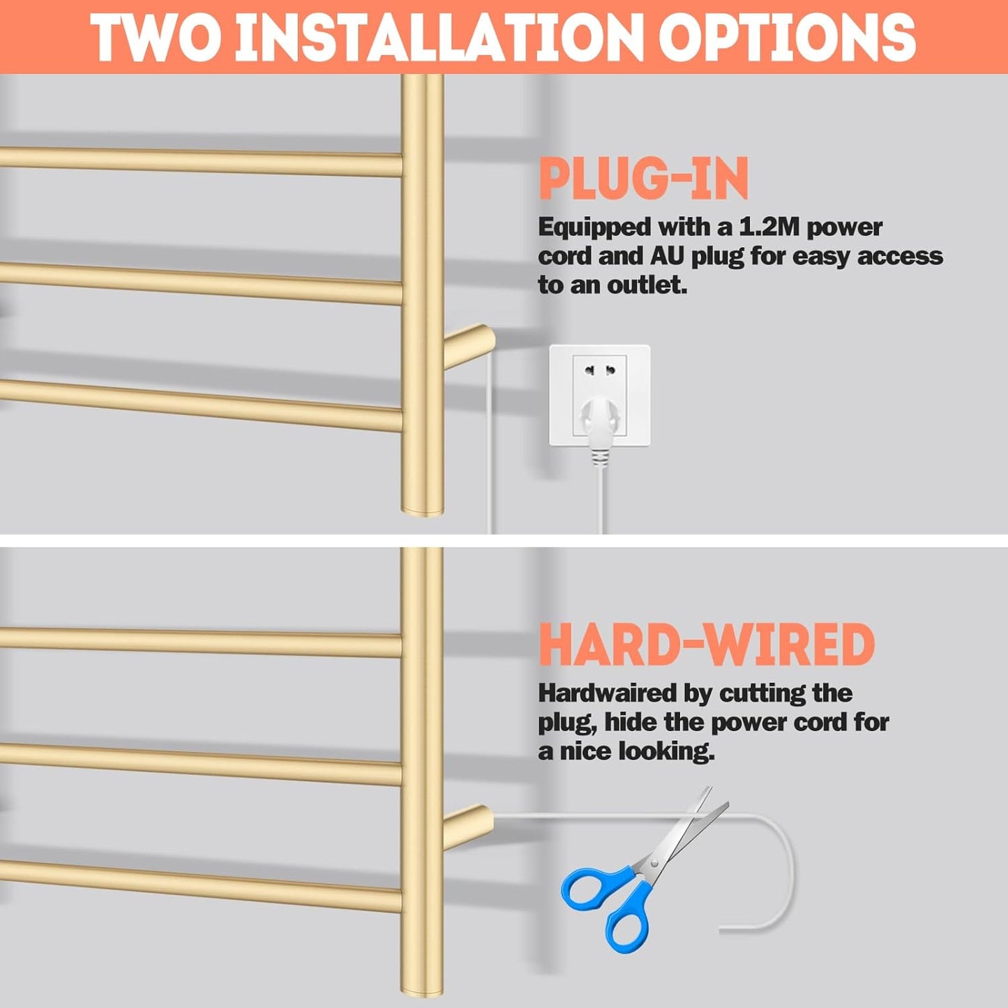 ACA International Wall Mounted Electric Heated Towel Rack SAA Towel Warmer Aluminium Heated Towel Rail Bathroom Towel Clothes Dryer Holder IP55 6 Rungs Round (Gold)