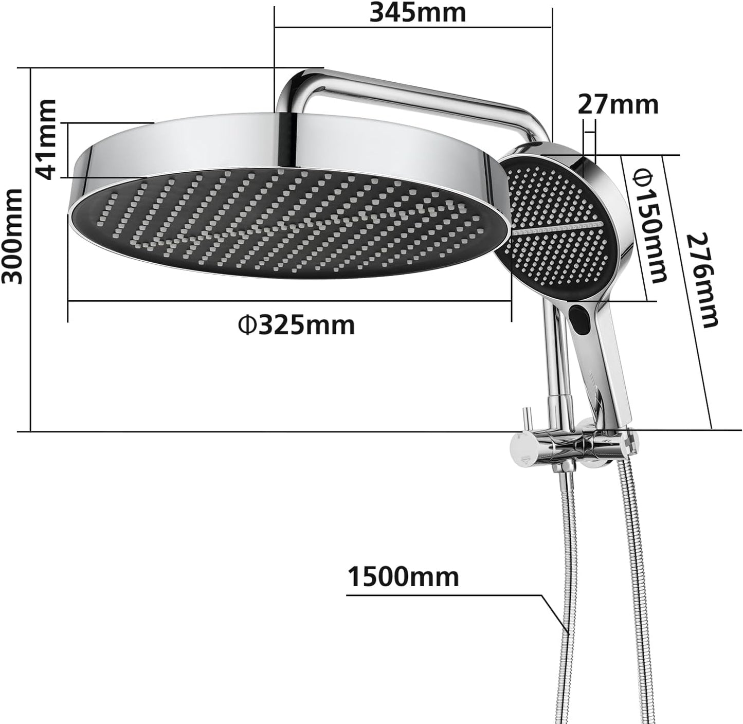 ACA International 13" Rain Shower Head 2 in 1 Round Shower Head Set Wall Mounted Shower Set 4-Mode Handheld Spary Bathroom WELS Approved (Chrome)