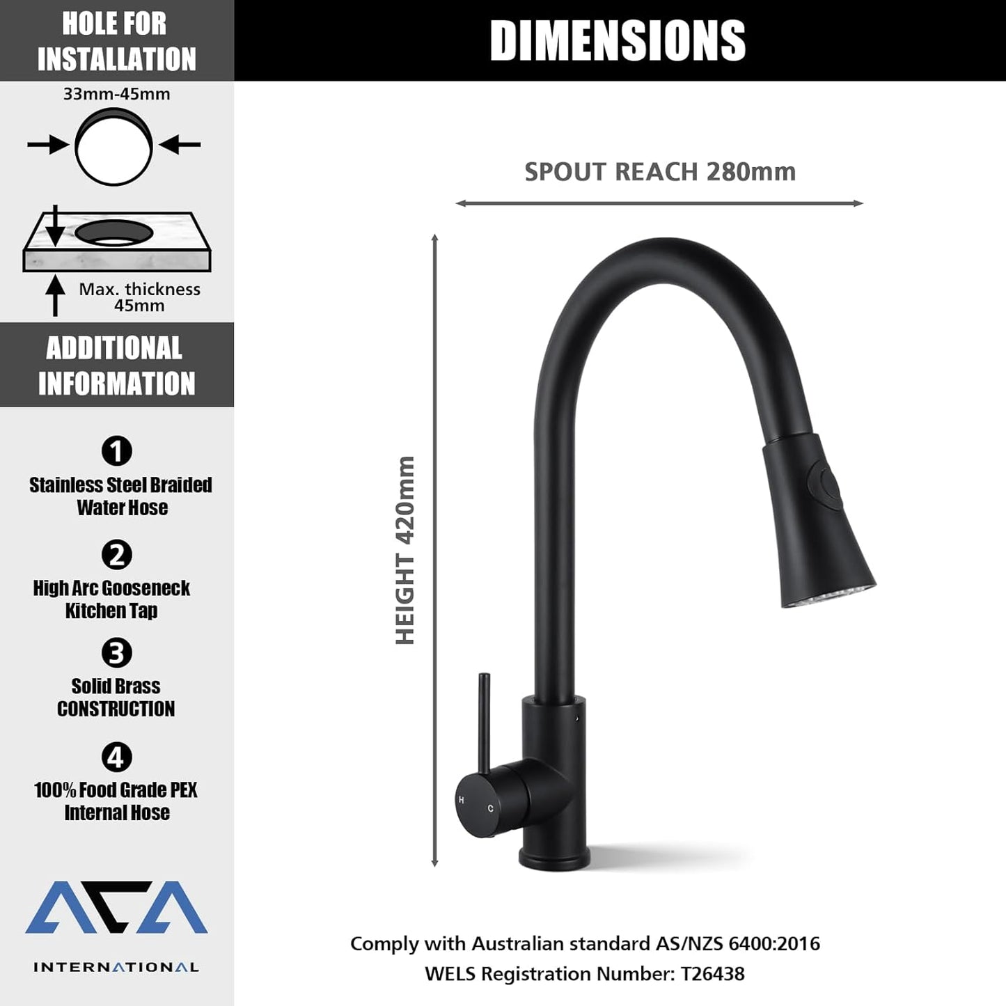 ACA International WELS Kitchen Mixer Tap 2-Mode Spray Pull Out Spout Kitchen Laundry Sink Bar Faucet Tap Basin Mixer Brass Faucet Kitchen Tap(Matt Black)