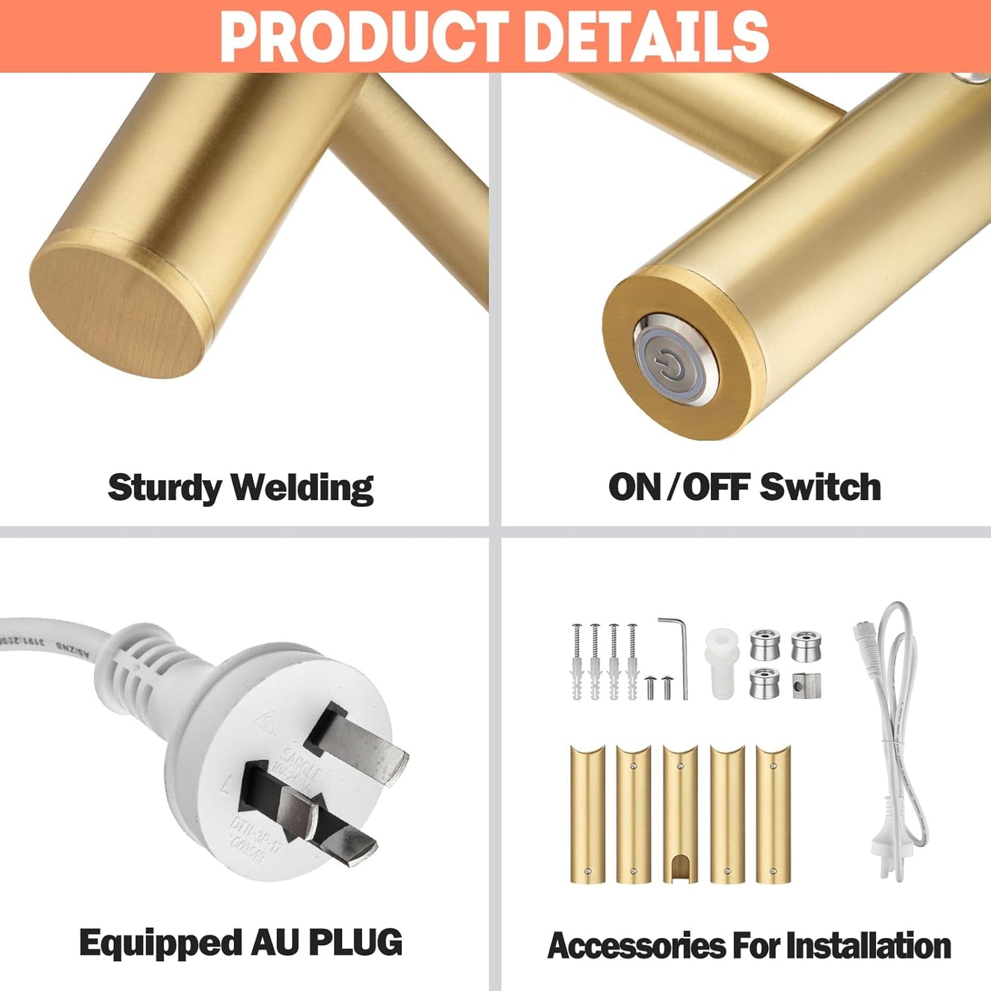 ACA International Wall Mounted Electric Heated Towel Rack SAA Towel Warmer Aluminium Heated Towel Rail Bathroom Towel Clothes Dryer Holder IP55 6 Rungs Round (Gold)