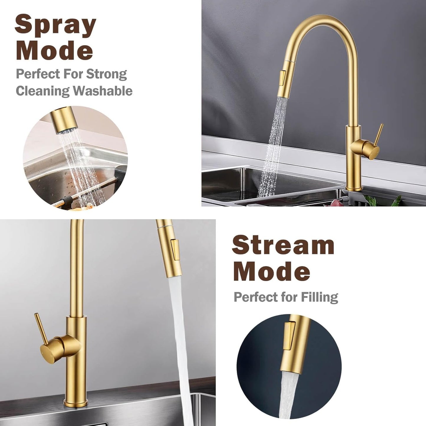 ACA International 2 Mode Pull Out Kitchen Tap Swivel Gooseneck Laundry Sink Taps Faucet WELS Kitchen Mixer Tap(Brushed Yellow Gold)