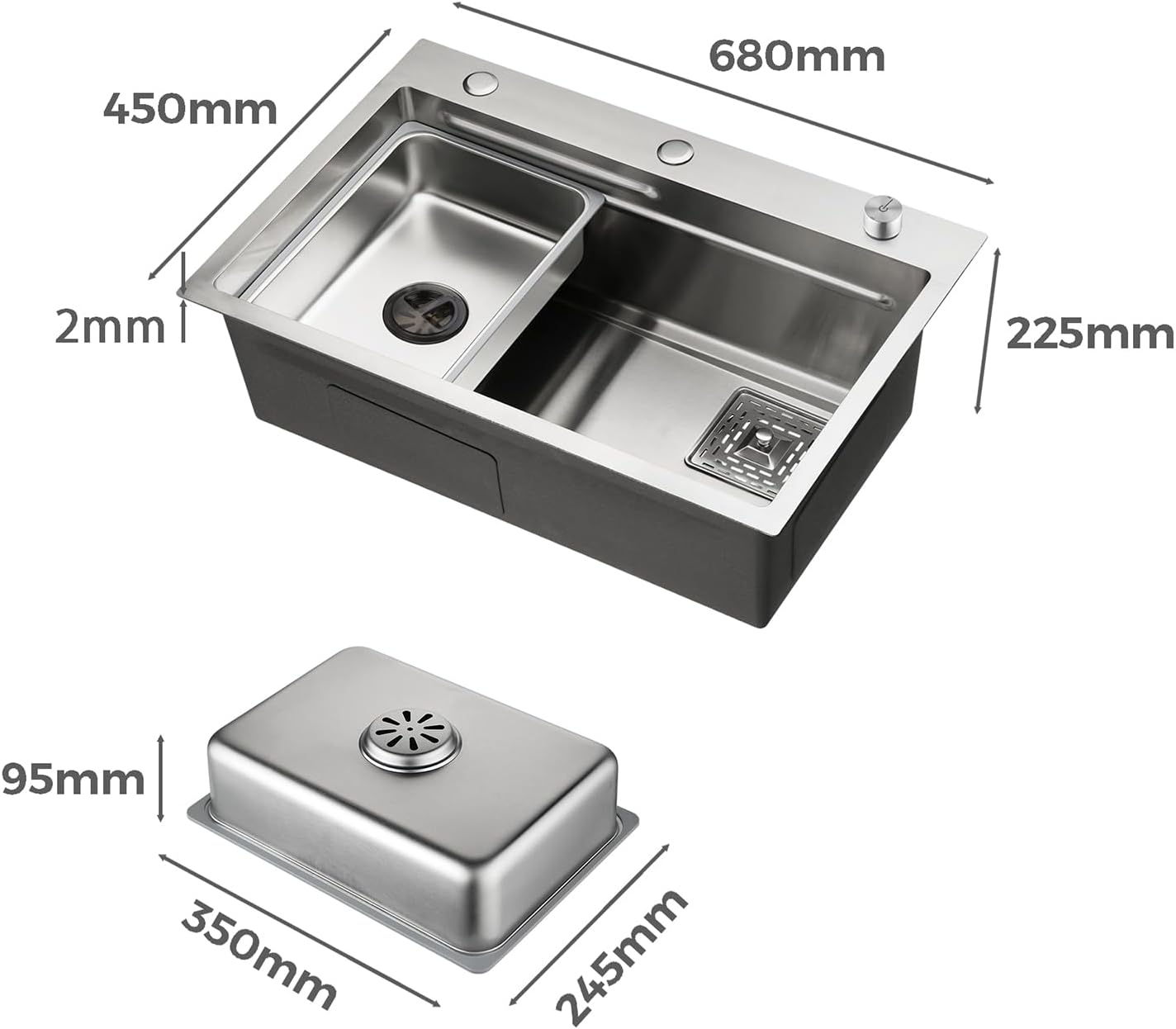 ACA International Brushed Gold Kitchen Sink Basin 304 Stainless Steel Under/Top/Flush Mount Double Bowl Sinks (680x400x225mm Satin Brush)