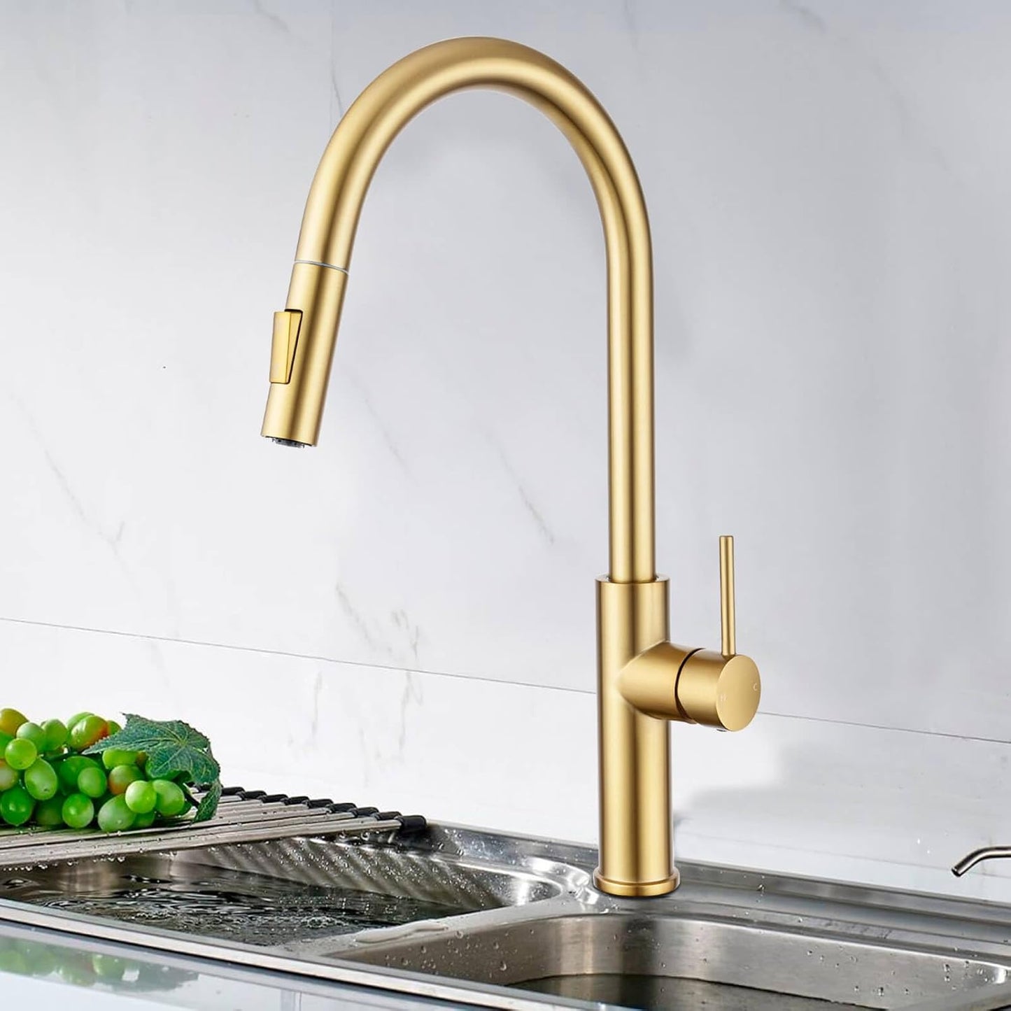 ACA International 2 Mode Pull Out Kitchen Tap Swivel Gooseneck Laundry Sink Taps Faucet WELS Kitchen Mixer Tap(Brushed Yellow Gold)
