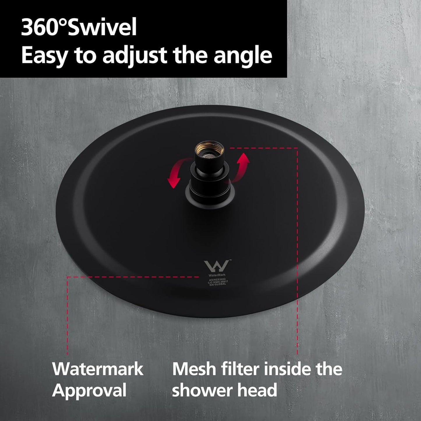 ACA International High Pressure 10'' Large Shower Head Round Overhead 304 Stainless Steel Adjustable Ultra-Thin Rain Shower Head 250x250mm WELS (Black)