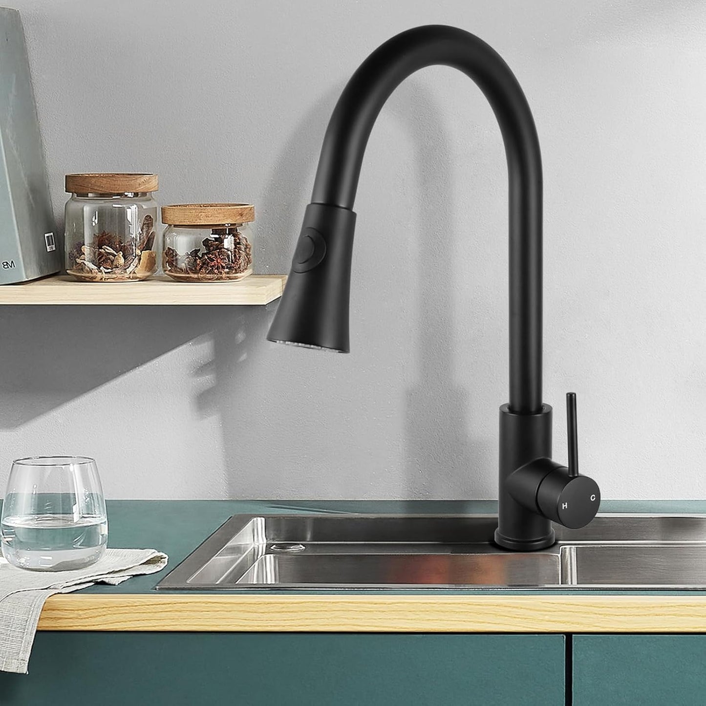 ACA International WELS Kitchen Mixer Tap 2-Mode Spray Pull Out Spout Kitchen Laundry Sink Bar Faucet Tap Basin Mixer Brass Faucet Kitchen Tap(Matt Black)