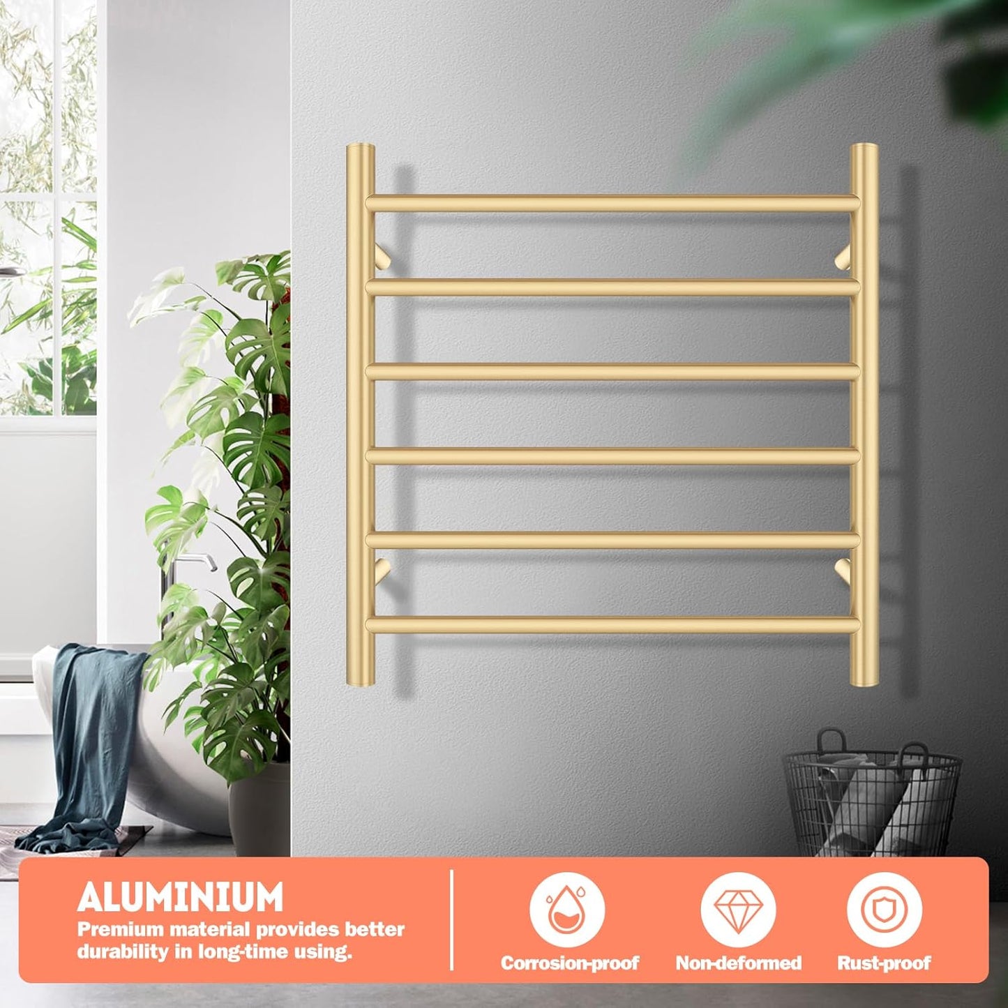 ACA International Wall Mounted Electric Heated Towel Rack SAA Towel Warmer Aluminium Heated Towel Rail Bathroom Towel Clothes Dryer Holder IP55 6 Rungs Round (Gold)