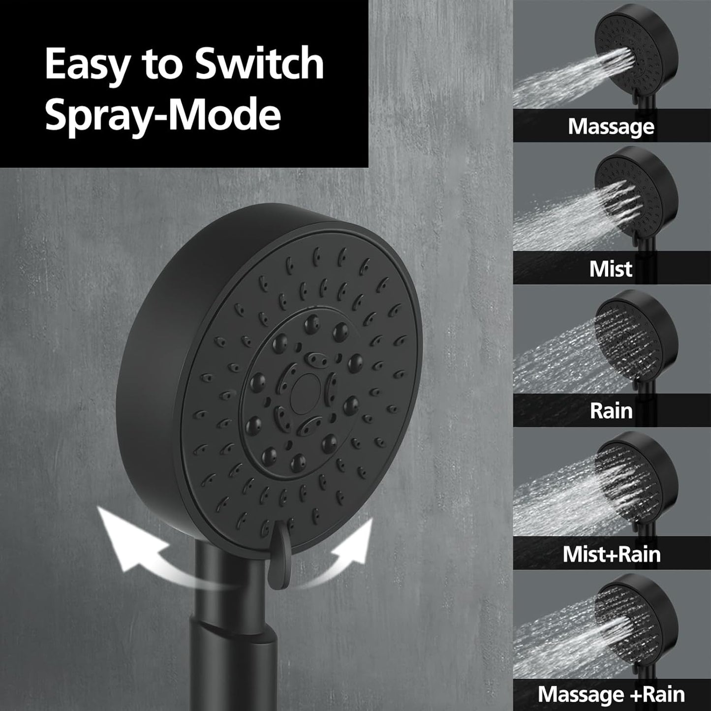 ACA International 5-Mode Spray Handheld Shower Head Round Hand Held Shower Rain Massage Spary Shower for Bathroom WELS Approved (Black)