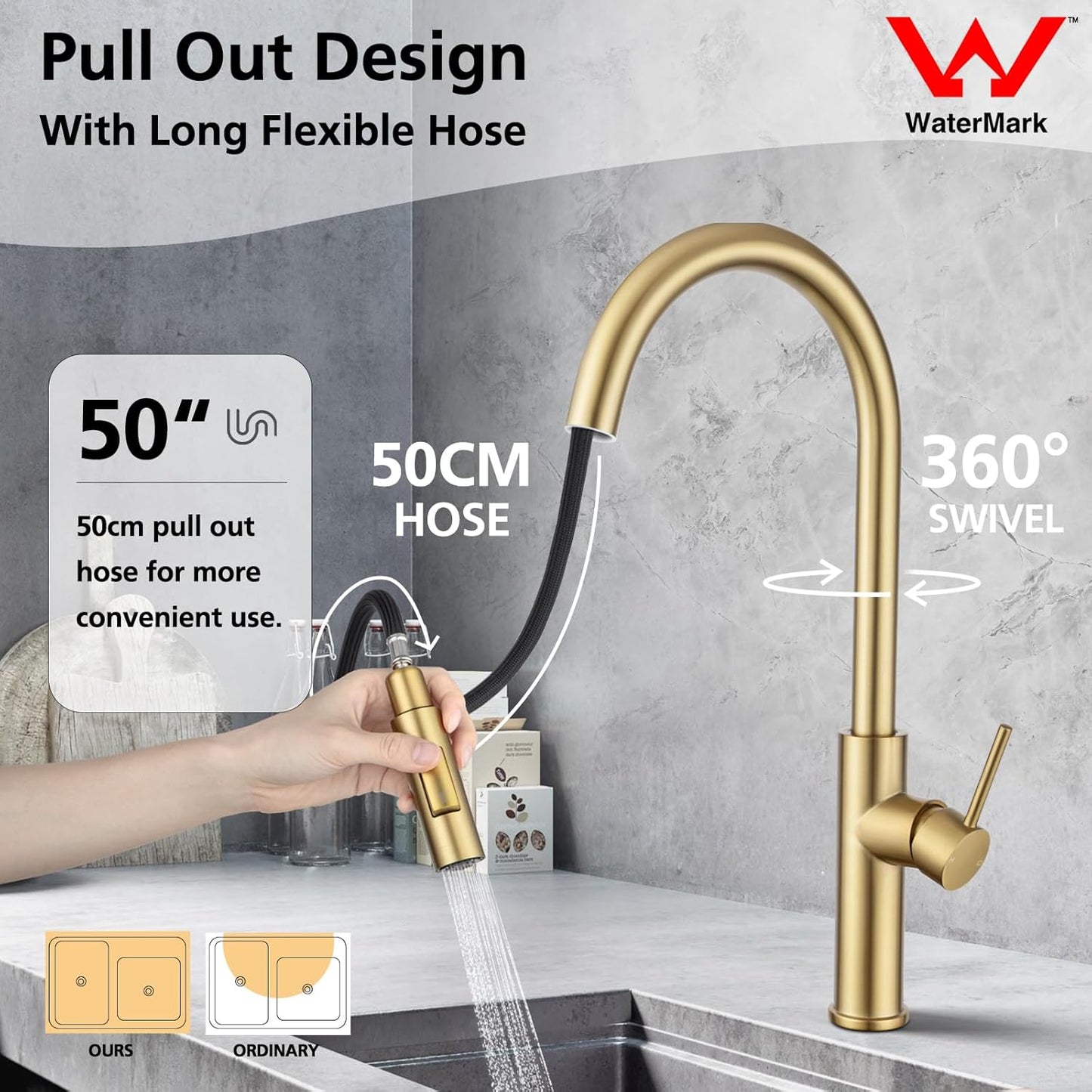 ACA International 2 Mode Pull Out Kitchen Tap Swivel Gooseneck Laundry Sink Taps Faucet WELS Kitchen Mixer Tap(Brushed Yellow Gold)