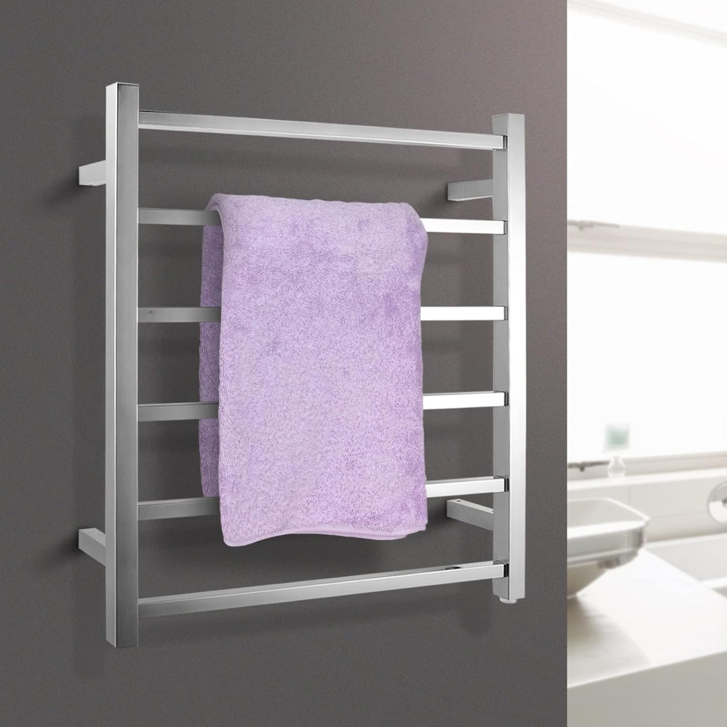 SAA Heated Towel Rack Wall Mounted Electric Towel Warmer Stainless Steel Heated Towel Rail Bathroom Towel Clothes Dryer Holder Waterproof Switch IP55 6 Rungs Square (Chrome)
