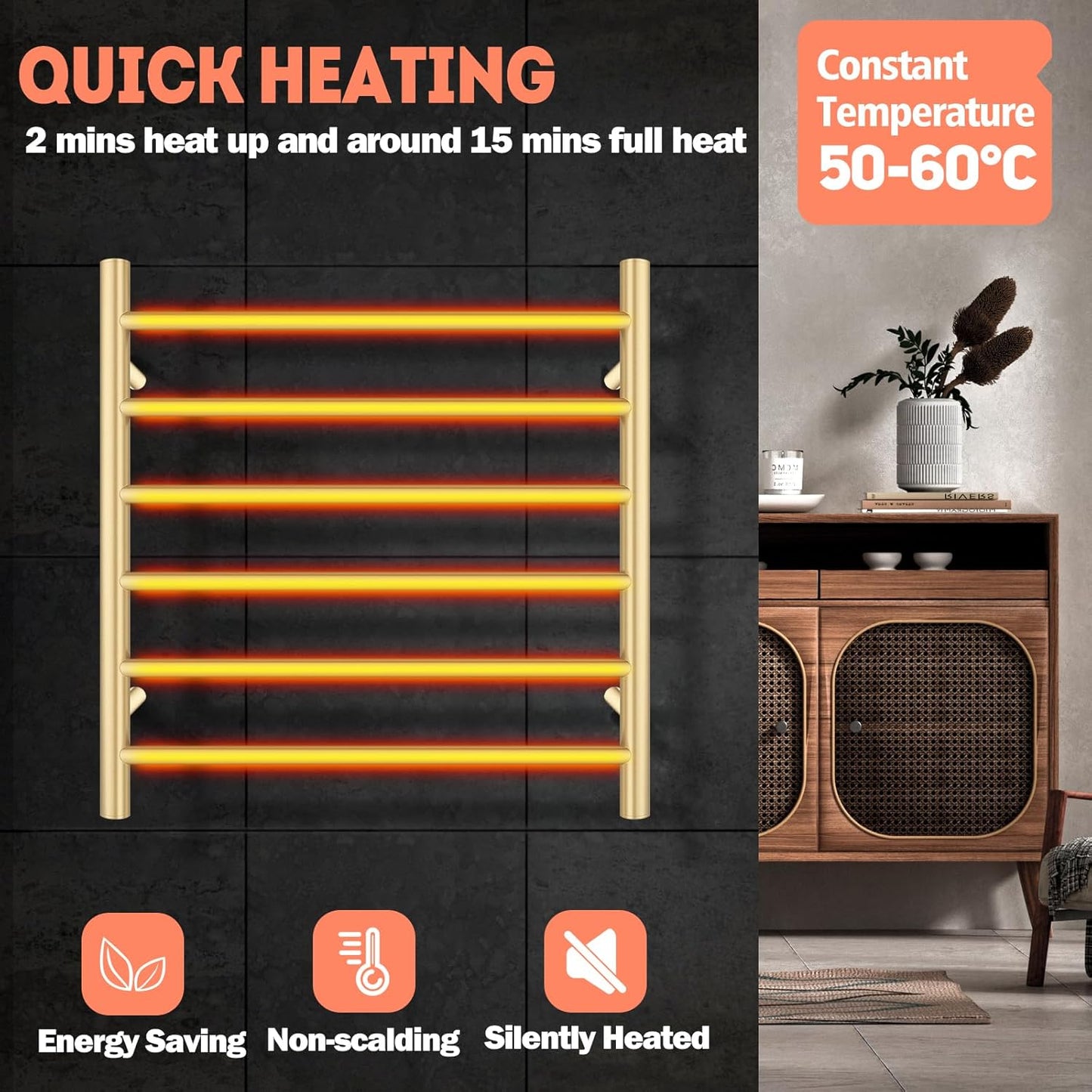 ACA International Wall Mounted Electric Heated Towel Rack SAA Towel Warmer Aluminium Heated Towel Rail Bathroom Towel Clothes Dryer Holder IP55 6 Rungs Round (Gold)