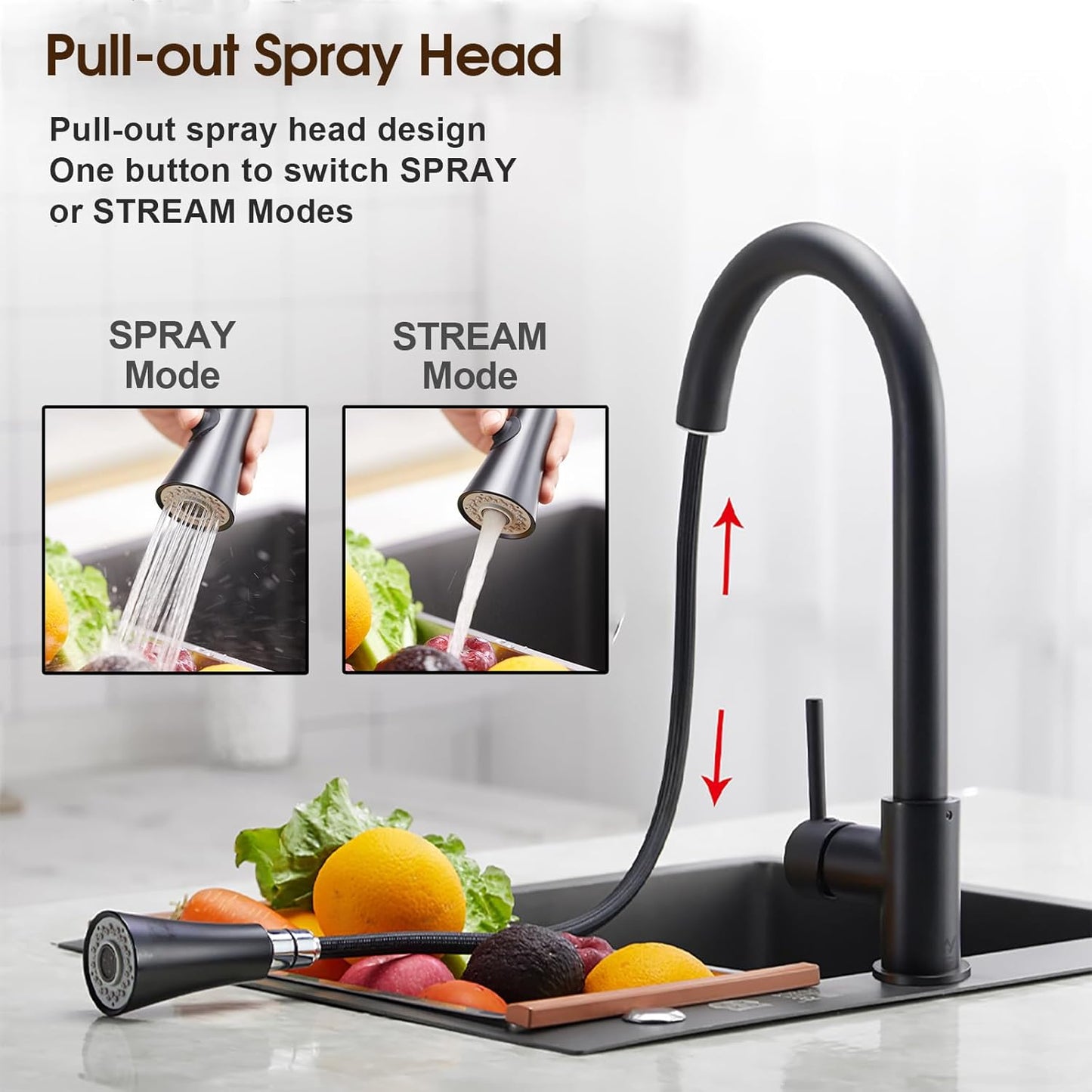 ACA International WELS Kitchen Mixer Tap 2-Mode Spray Pull Out Spout Kitchen Laundry Sink Bar Faucet Tap Basin Mixer Brass Faucet Kitchen Tap(Matt Black)