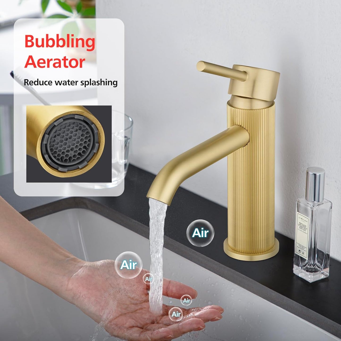 WELS Bathroom Tap, Bathroom Mixer tap Rounded Bathroon Sink Tap Basin Tap Vanity Tap Faucet Solid Brass Brushed Gold
