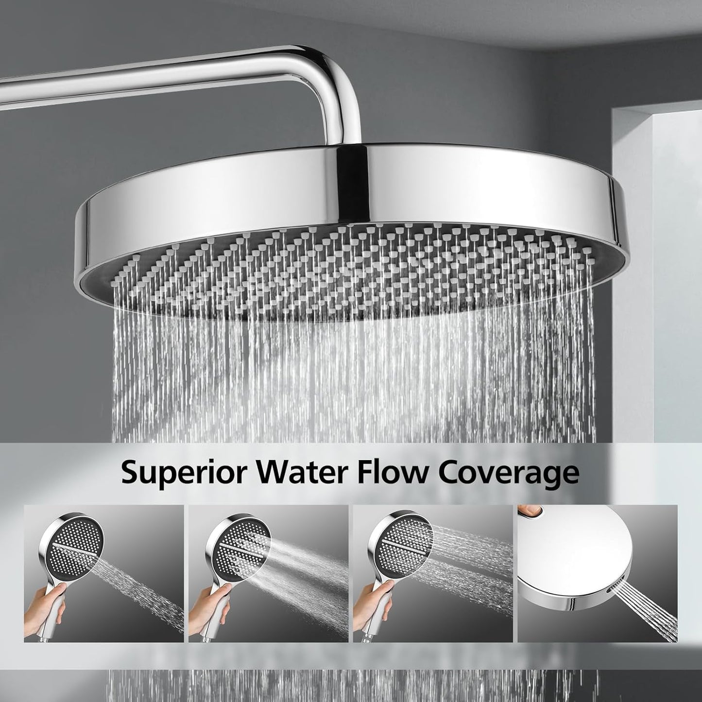 ACA International 13" Rain Shower Head 2 in 1 Round Shower Head Set Wall Mounted Shower Set 4-Mode Handheld Spary Bathroom WELS Approved (Chrome)