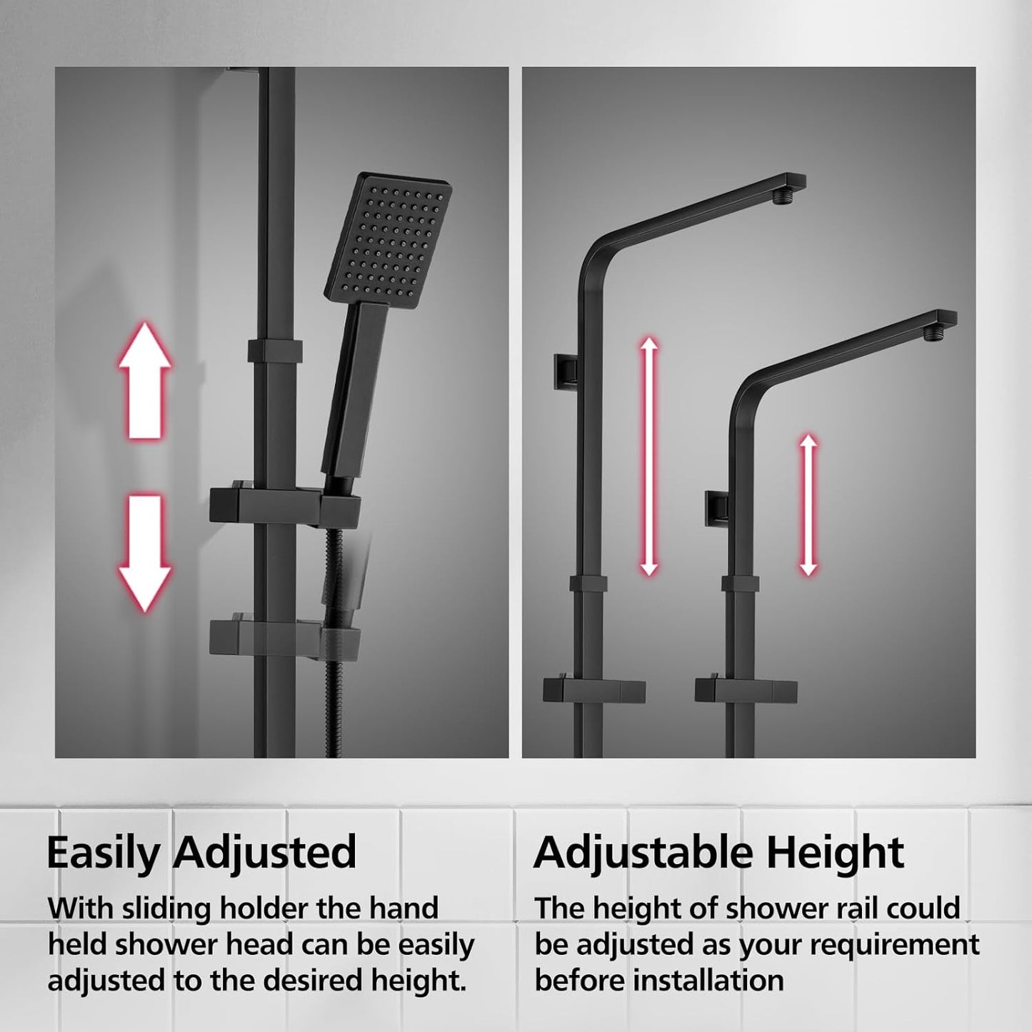 ACA International 200mm Rain High Shower Head Shower Head Set with Shower Tap, 8" Square Ultra-Thin Rain Shower Head Gooseneck Rail 2 in 1 Brass Diverter Bathroom(Matt Black)