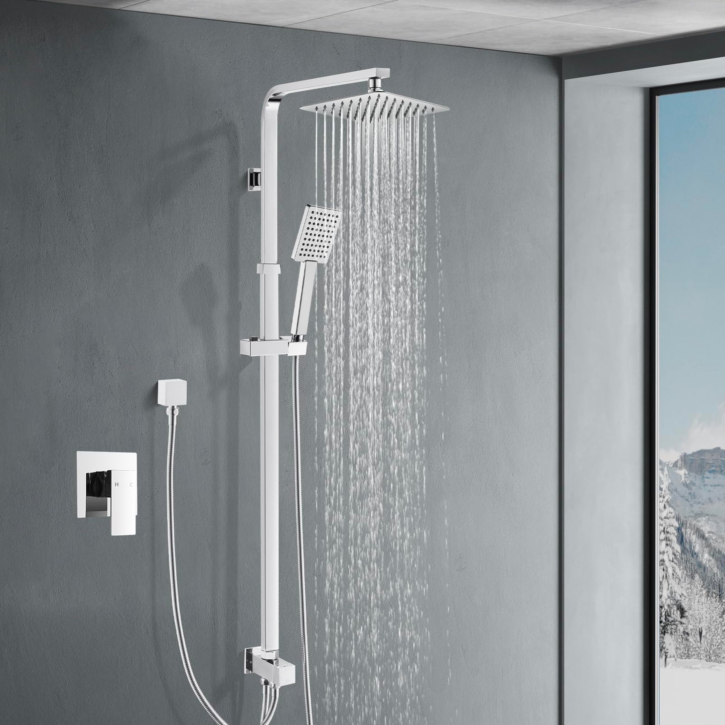 ACA International 200mm Rain High Shower Head Shower Head Set with Shower Tap, 8" Square Ultra-Thin Rain Shower Head Gooseneck Rail 2 in 1 Brass Diverter Bathroom(Matt Black)