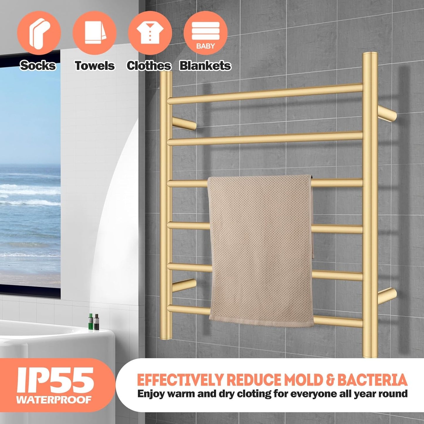 ACA International Wall Mounted Electric Heated Towel Rack SAA Towel Warmer Aluminium Heated Towel Rail Bathroom Towel Clothes Dryer Holder IP55 6 Rungs Round (Gold)