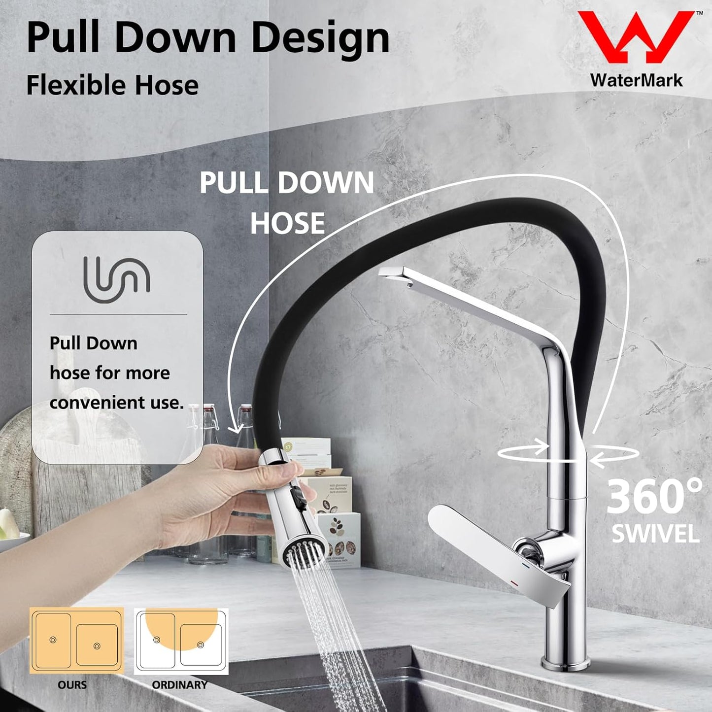 ACA International WELS Kitchen Mixer Tap Pull Dwon Kitchen Tap 2-Mode Spray Head 360° Swivel Kitchen Sink Taps Faucet(Chrome)