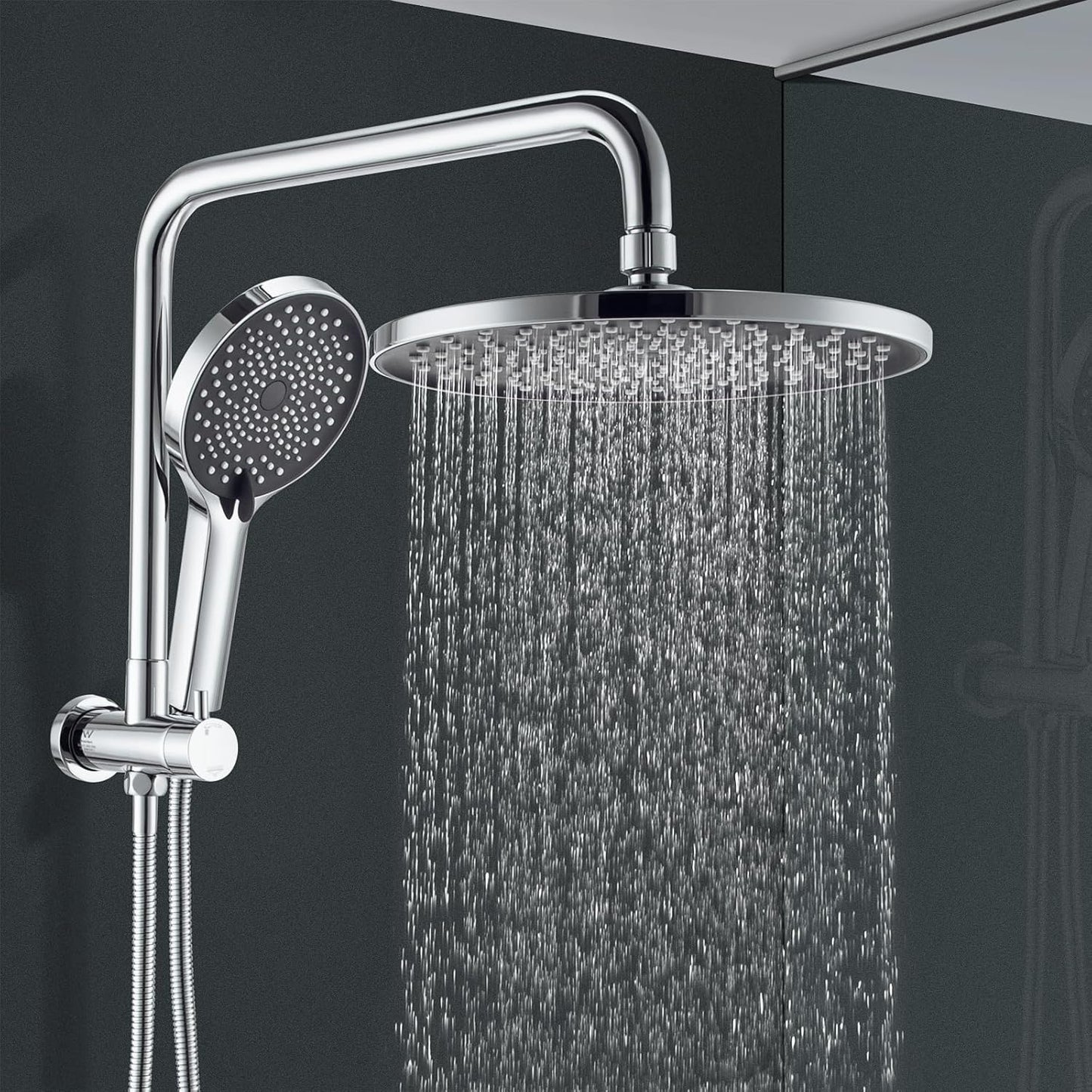 ACA International 10'' Rain Shower Head Set, Round 255mm Large Shower Head with 2 in 1 Shower Arm Rail and 3-Mode Handheld Spray, Bathroom Shower Set WELS Approved (Chrome)
