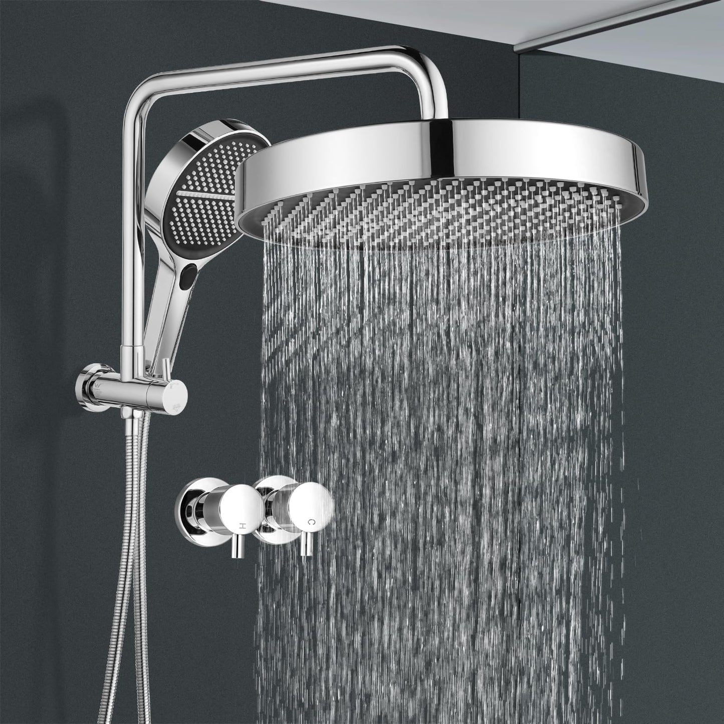 ACA International 13" Rain Shower Head 2 in 1 Round Shower Head Set Wall Mounted Shower Set 4-Mode Handheld Spary Bathroom WELS Approved (Chrome)