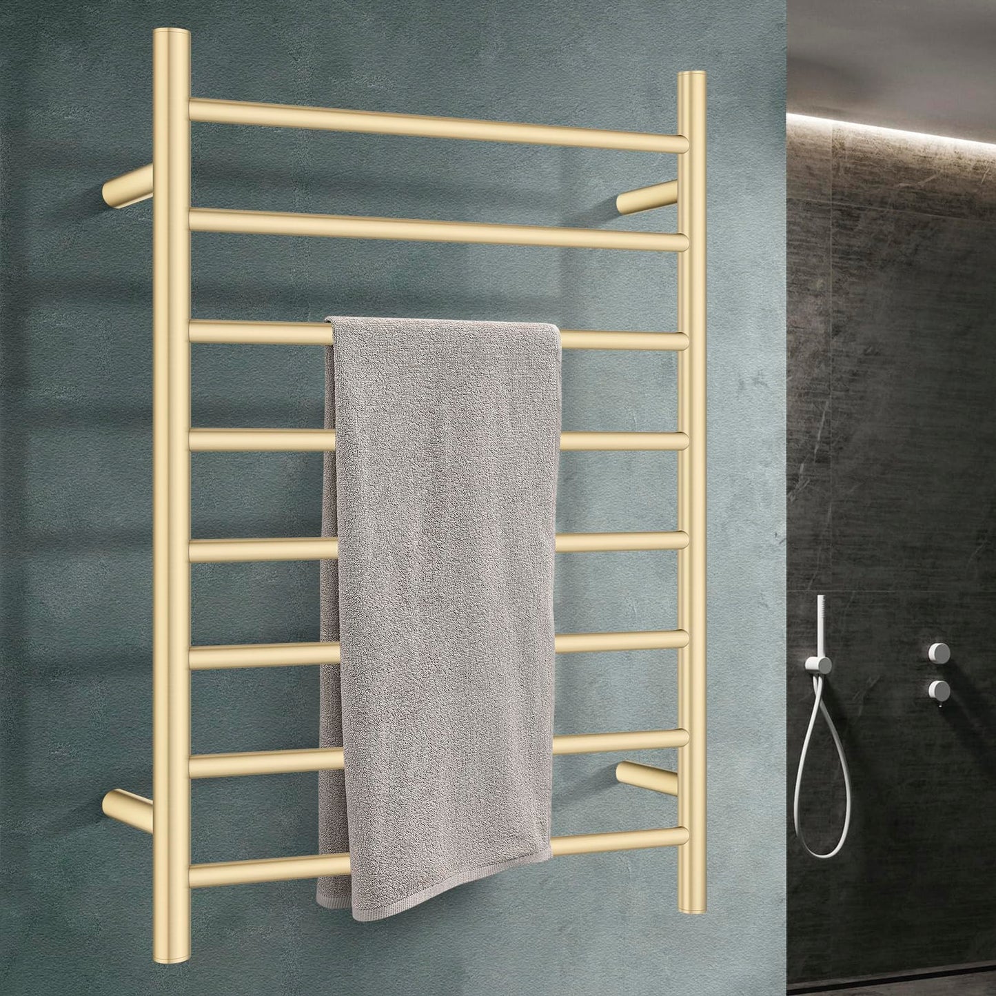 ACA International Wall Mounted Electric Heated Towel Rack SAA Towel Warmer Aluminium Heated Towel Rail Bathroom Towel Clothes Dryer Holder IP55 6 Rungs Round (Gold)