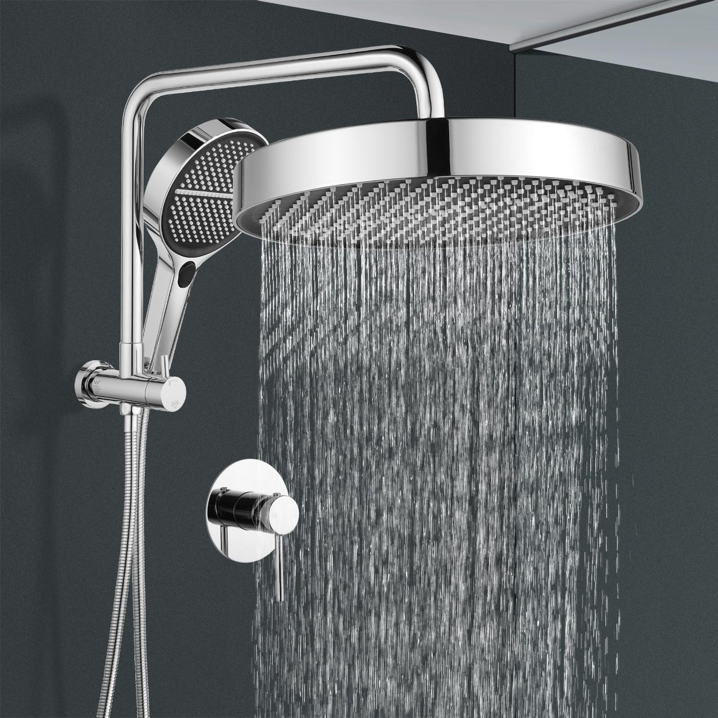 ACA International 13" Rain Shower Head 2 in 1 Round Shower Head Set Wall Mounted Shower Set 4-Mode Handheld Spary Bathroom WELS Approved (Chrome)