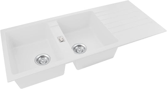 Kitchen Sink Stone Sink 1160x500mm Granite Stone Sink Double Bowel Sink with Drainboard 90mm Strainer Waste Kitchen Laundry Bar Basin Sink(Cream White)