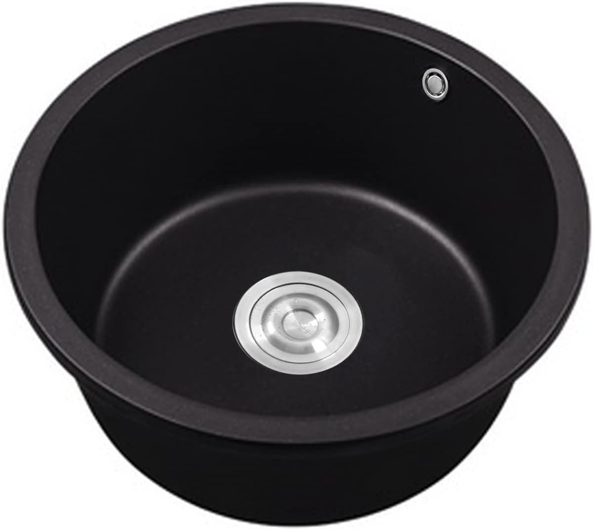 460MM Round Black Granite Stone Kitchen Sink Home Utility Kitchen Bar Sink Basin with Waste Strainer Overflow Drop in/Undermount Sink(Black)