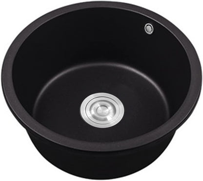 460MM Round Black Granite Stone Kitchen Sink Home Utility Kitchen Bar Sink Basin with Waste Strainer Overflow Drop in/Undermount Sink(Black)