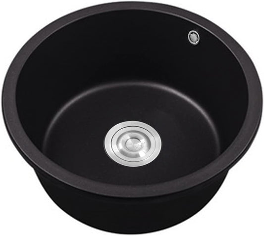 460MM Round Black Granite Stone Kitchen Sink Home Utility Kitchen Bar Sink Basin with Waste Strainer Overflow Drop in/Undermount Sink(Black)