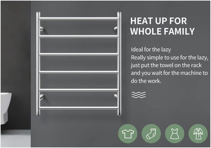 Bathroom Heated Towel Rail 6 Bars Round Stainless Steel Electric Heated Towel Energy-Saving Heated Towel Rack Holder Wall Mounted 70W SAA Certificate (Chrome)