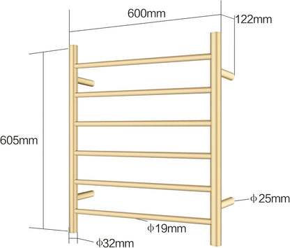 ACA International Wall Mounted Electric Heated Towel Rack SAA Towel Warmer Aluminium Heated Towel Rail Bathroom Towel Clothes Dryer Holder IP55 6 Rungs Round (Gold)