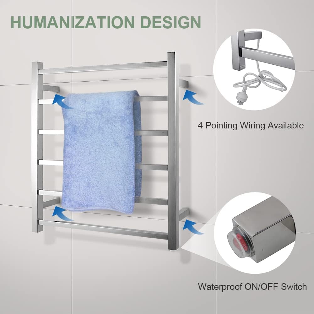 SAA Heated Towel Rack Wall Mounted Electric Towel Warmer Stainless Steel Heated Towel Rail Bathroom Towel Clothes Dryer Holder Waterproof Switch IP55 6 Rungs Square (Chrome)