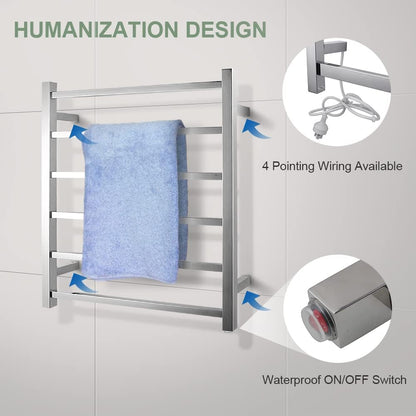 SAA Heated Towel Rack Wall Mounted Electric Towel Warmer Stainless Steel Heated Towel Rail Bathroom Towel Clothes Dryer Holder Waterproof Switch IP55 6 Rungs Square (Chrome)