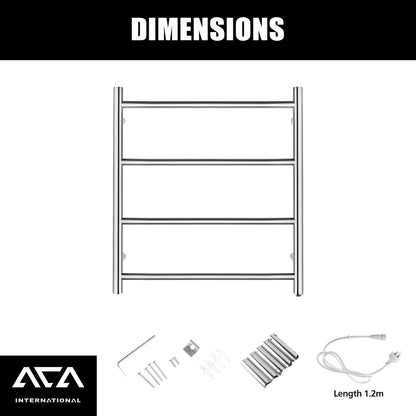 4 Rungs Bathroom Electric Heated Towel Rail Rack 520x500mm Wall Mounted Round Towel Warmer Stainless Steel Towel Heater Dryer Heated Towel Rail Holder Waterproof SAA (Silver)