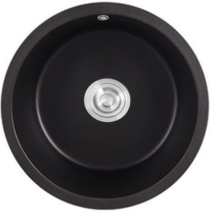 460MM Round Black Granite Stone Kitchen Sink Home Utility Kitchen Bar Sink Basin with Waste Strainer Overflow Drop in/Undermount Sink(Black)