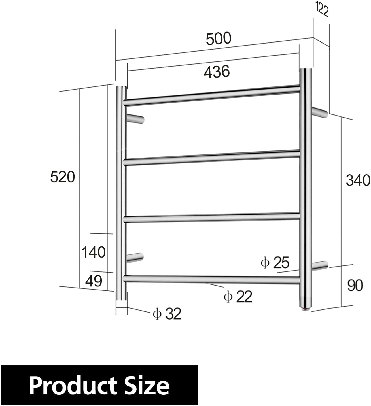 4 Rungs Bathroom Electric Heated Towel Rail Rack 520x500mm Wall Mounted Round Towel Warmer Stainless Steel Towel Heater Dryer Heated Towel Rail Holder Waterproof SAA (Silver)