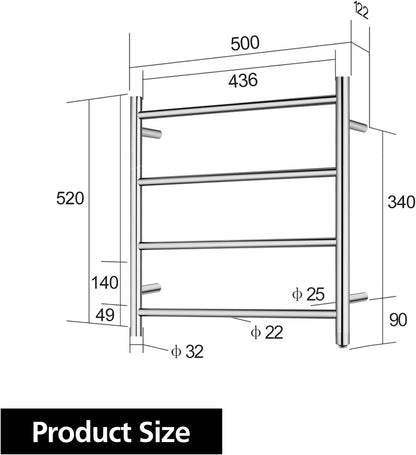 4 Rungs Bathroom Electric Heated Towel Rail Rack 520x500mm Wall Mounted Round Towel Warmer Stainless Steel Towel Heater Dryer Heated Towel Rail Holder Waterproof SAA (Silver)