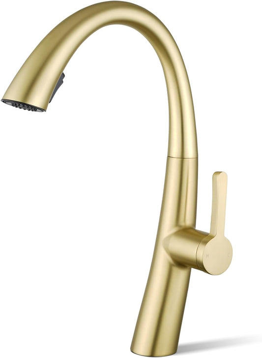 ACA International WELS Kitchen Mixer Tap High-Arc Kitchen Tap 2-Mode Spray Pull Out Kitchen Sink Taps Solid Brass (Brushed Gold)