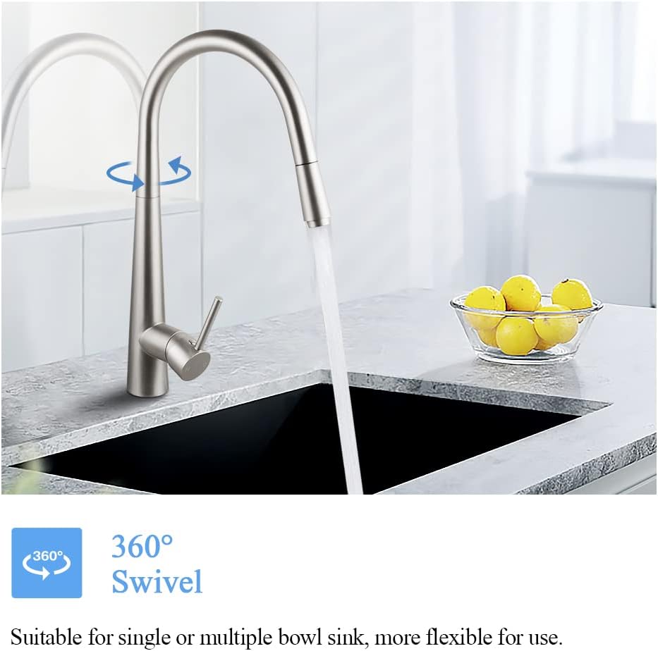 ACA International Kitchen Tap Pull Out Metal Spray Head Kitchen Mixer Tap, 360° Swivel Faucet Taps Kitchen Laundry Sink Tap Solid Brass WELS(Brushed Chrome)