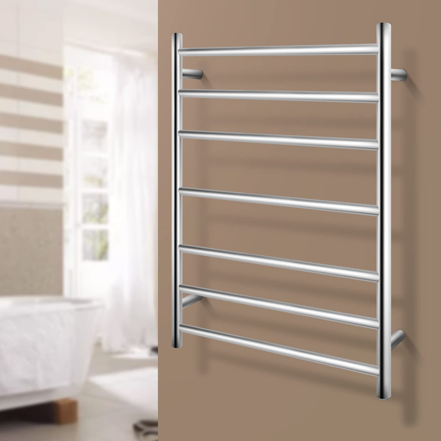Bathroom Heated Towel Rail 6 Bars Round Stainless Steel Electric Heated Towel Energy-Saving Heated Towel Rack Holder Wall Mounted 70W SAA Certificate (Chrome)