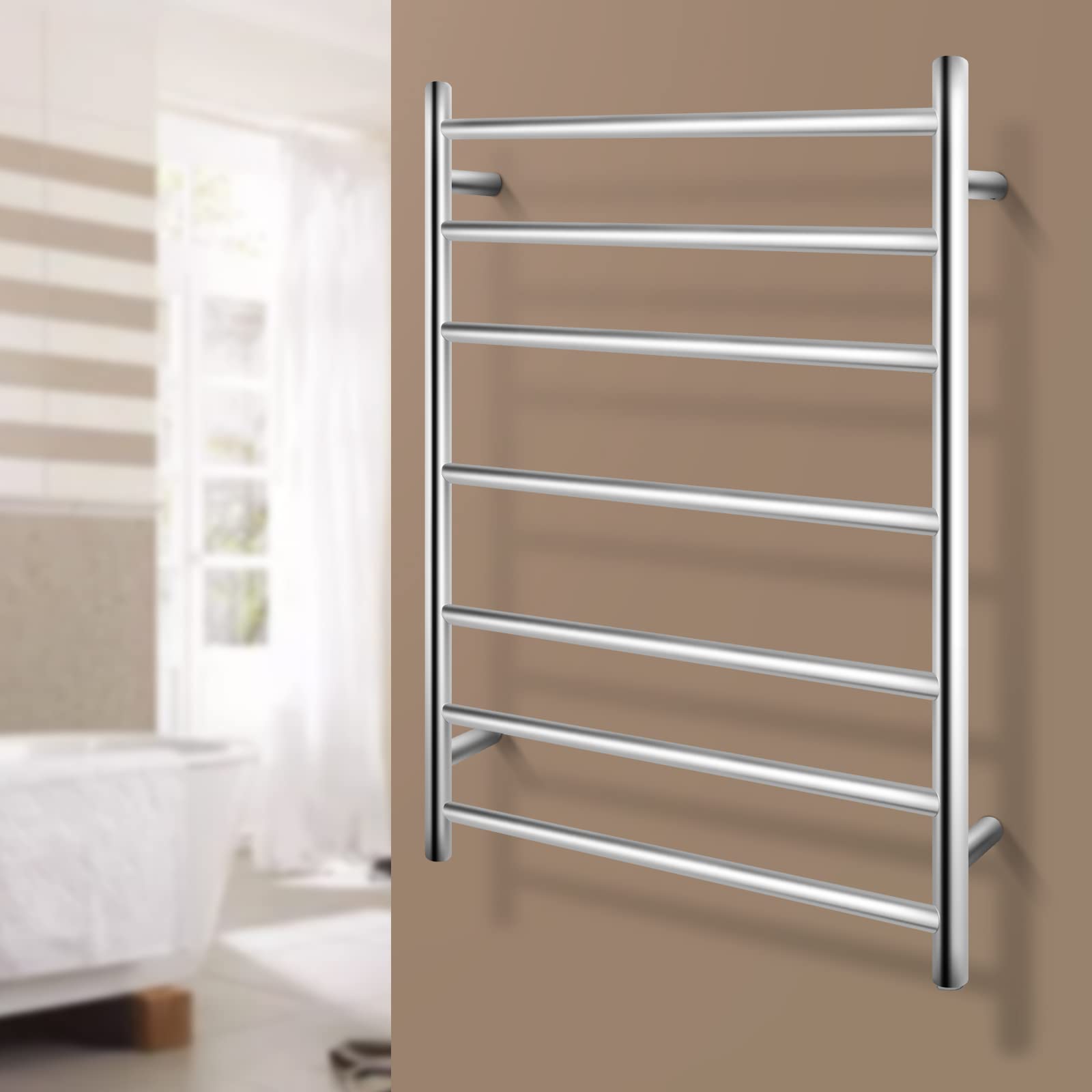 Bathroom Heated Towel Rail 6 Bars Round Stainless Steel Electric Heated Towel Energy-Saving Heated Towel Rack Holder Wall Mounted 70W SAA Certificate (Chrome)