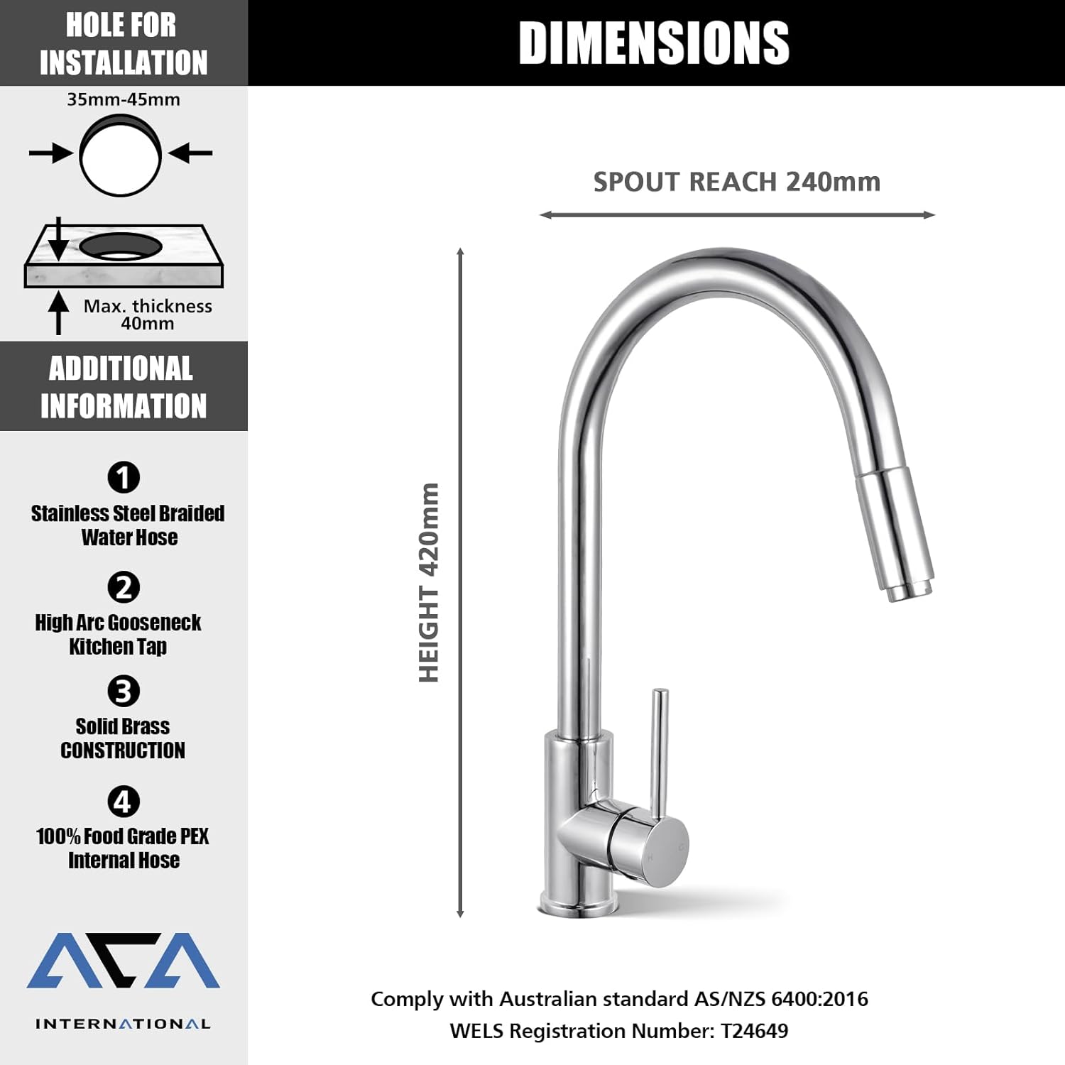 ACA International WELS Pull Out Kitchen Tap with Brass Spray Head, High Arc Gooseneck 360° Swivel Kitchen Mixer Tap Laundry Bar Faucet Taps(Chrome)