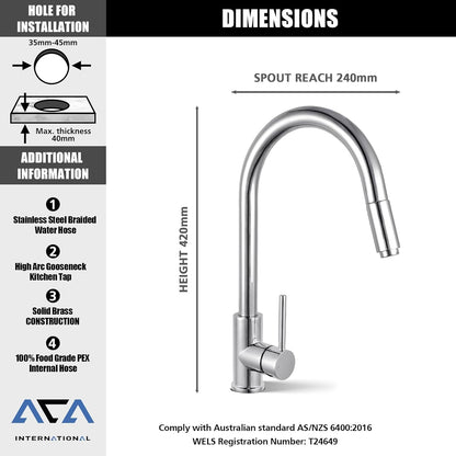 ACA International WELS Pull Out Kitchen Tap with Brass Spray Head, High Arc Gooseneck 360° Swivel Kitchen Mixer Tap Laundry Bar Faucet Taps(Chrome)