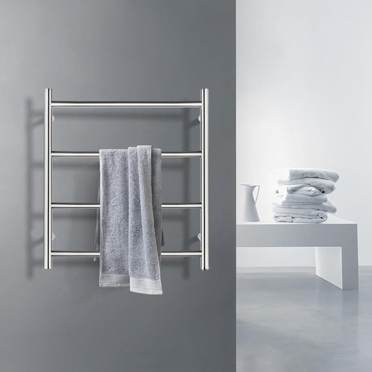 4 Rungs Bathroom Electric Heated Towel Rail Rack 520x500mm Wall Mounted Round Towel Warmer Stainless Steel Towel Heater Dryer Heated Towel Rail Holder Waterproof SAA (Silver)